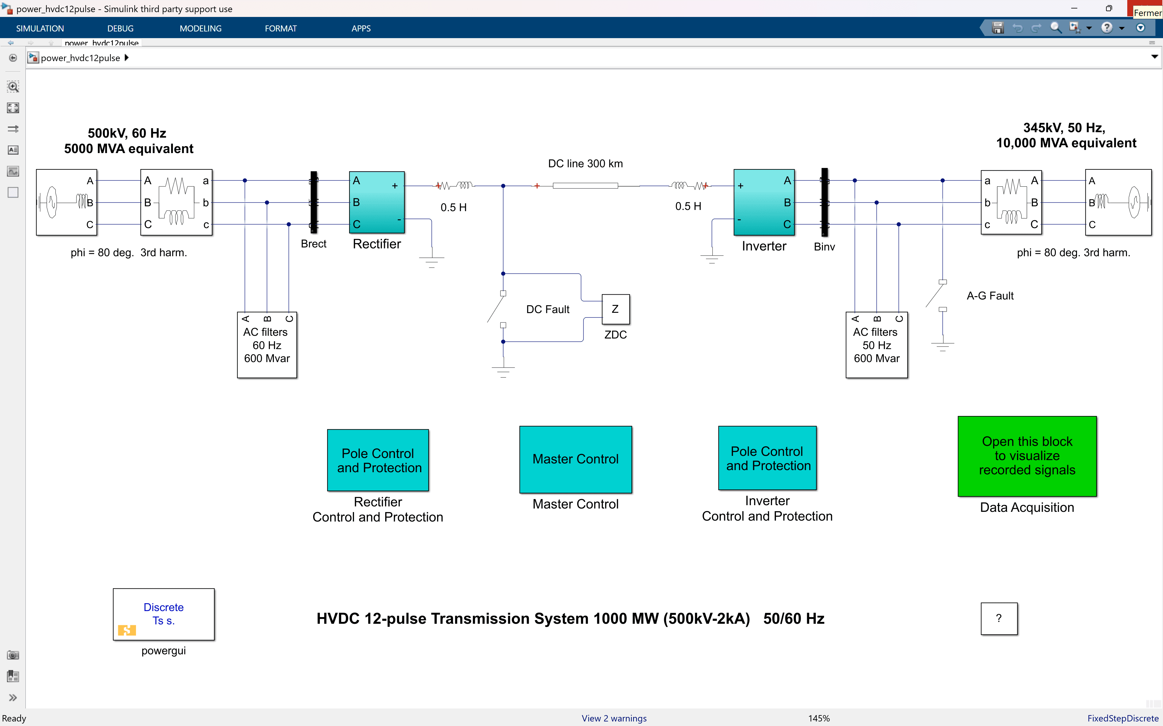 Modèle de transmission CCHT à 12 impulsions de SimPowerSystems avec redresseur, onduleur et variables de liaison CC mesurées.