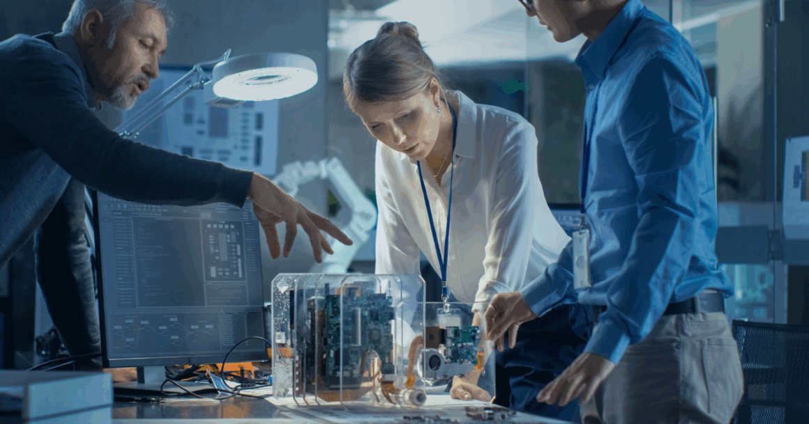 Engineers collaborating on a hardware prototype, discussing design improvements in a lab setting.