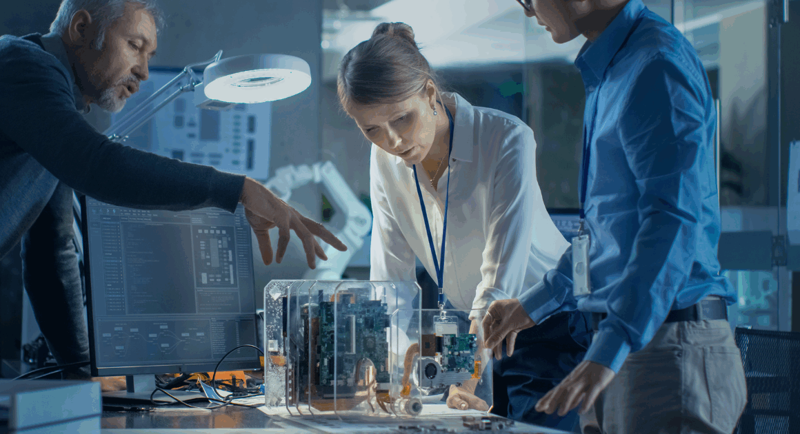 Engineers collaborating on a hardware prototype, discussing design improvements in a lab setting.