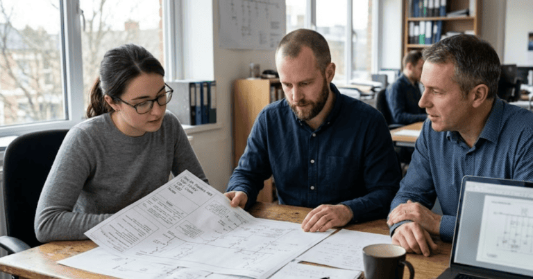 Ingenieure, die anhand von Netzplänen eine Wiederherstellungssequenz für einen Black-Start planen