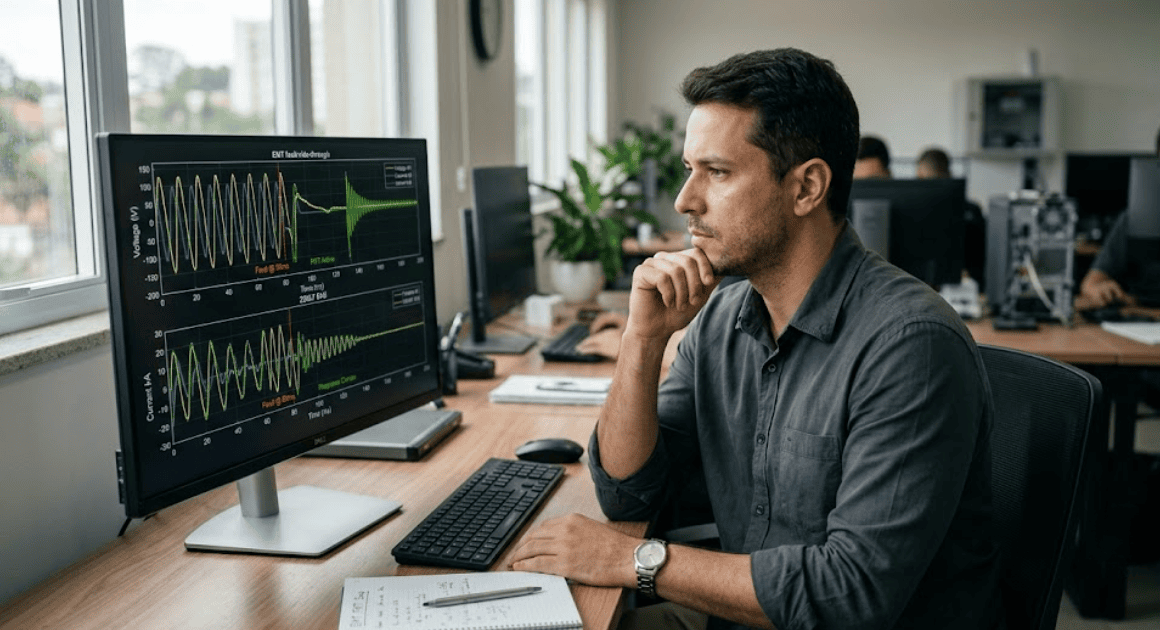 Engineer reviewing EMT fault ride-through waveforms on screen