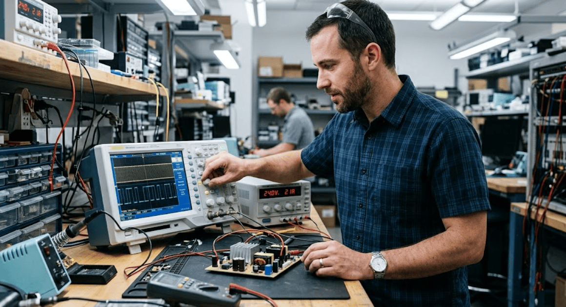 Engineer probing a converter half bridge with an oscilloscope