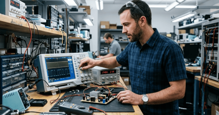 Engineer probing a converter half bridge with an oscilloscope