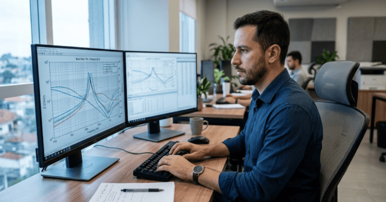 Engineer reviewing harmonic frequency-scan impedance plots on dual monitors