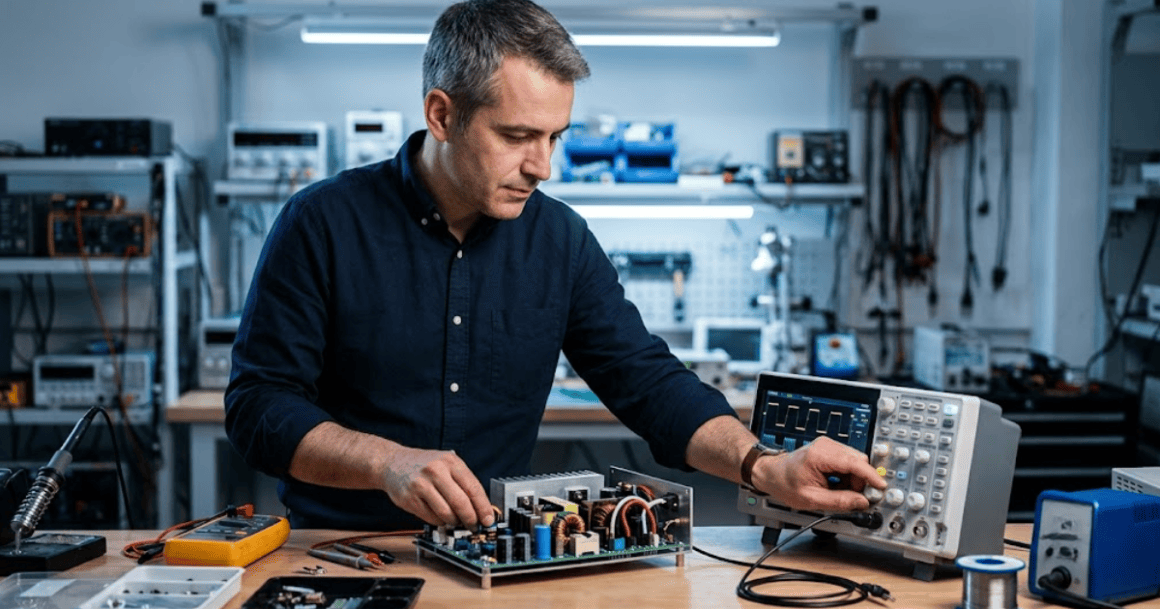 Engineer testing a power converter with an oscilloscope on a lab bench