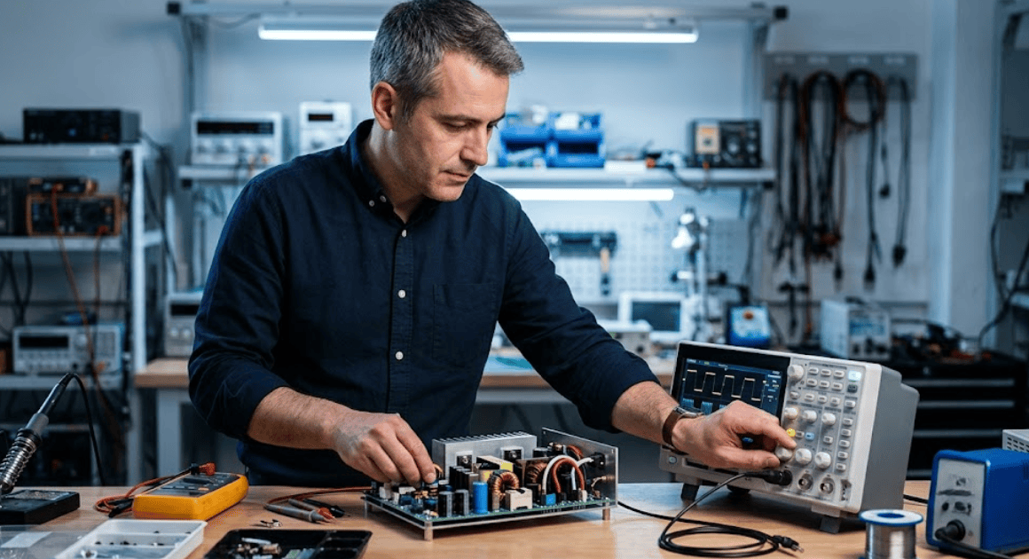 Un ingénieur testant un convertisseur de puissance à l'aide d'un oscilloscope sur un banc d'essai