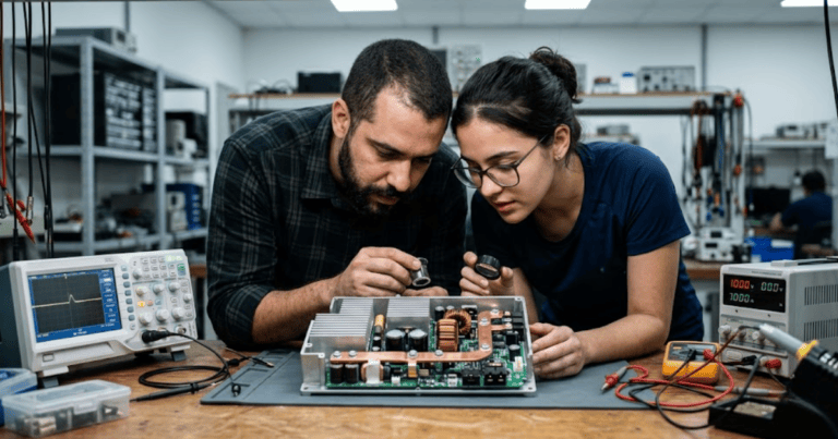 Two engineers inspecting a power converter board under magnifiers