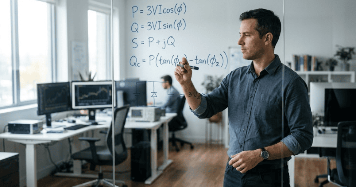 Engineer sizing STATCOM and FACTS reactive power compensation at a whiteboard