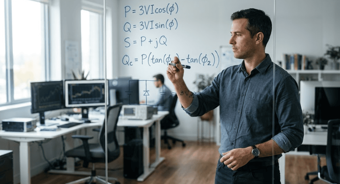 Ingénieur chargé du dimensionnement des systèmes STATCOM et FACTS de compensation de puissance réactive, devant un tableau blanc
