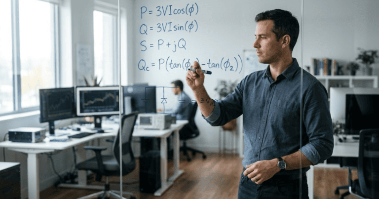 Engineer sizing STATCOM and FACTS reactive power compensation at a whiteboard