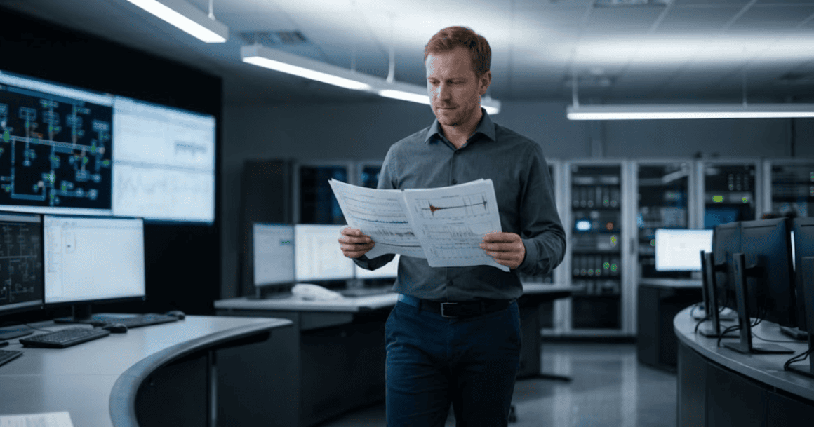 Engineer reviewing subsynchronous resonance waveforms in a grid control room