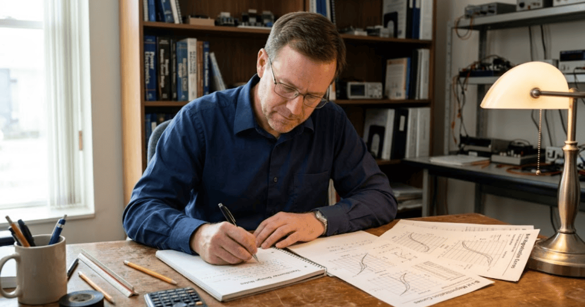 Engineer studying transformer magnetization curves at a desk