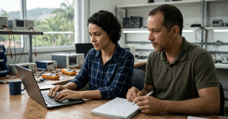 Two engineers validating converter control firmware on a laptop in a lab